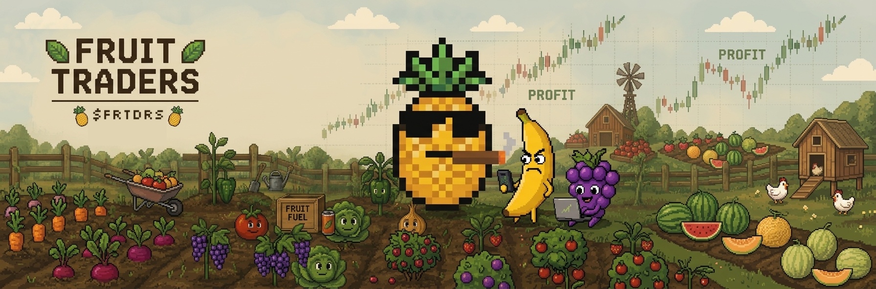 Fruit Traders pixel art banner — Don Piña the pineapple, Bananas the banana broker and Grape the analyst trading on the farm
